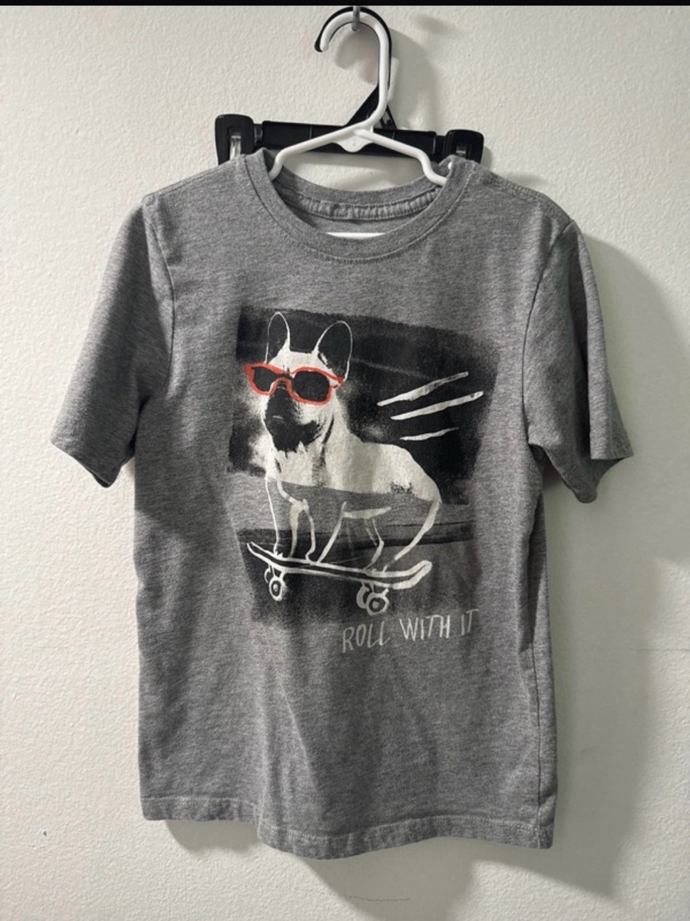 wonder nation Grey Tee with Skateboarding Dog Graphic and Red Sunglasses